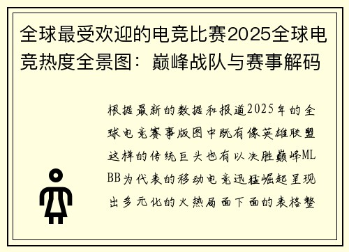 全球最受欢迎的电竞比赛2025全球电竞热度全景图：巅峰战队与赛事解码